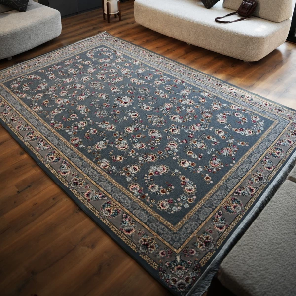 Machine made carpet 700 warp count 2550 density Sahel design in smoky gray