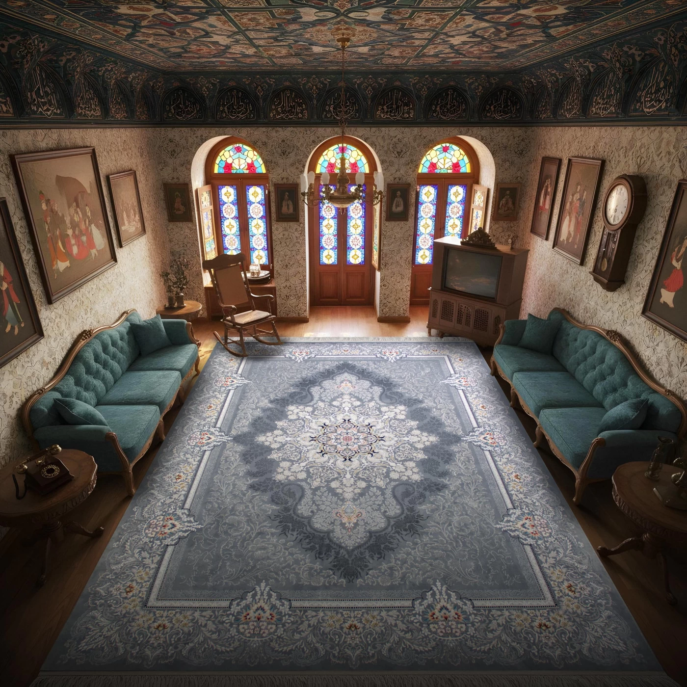 فرش ماشینی 700 شانه تراکم 2550 طرح دنیز نقره ای