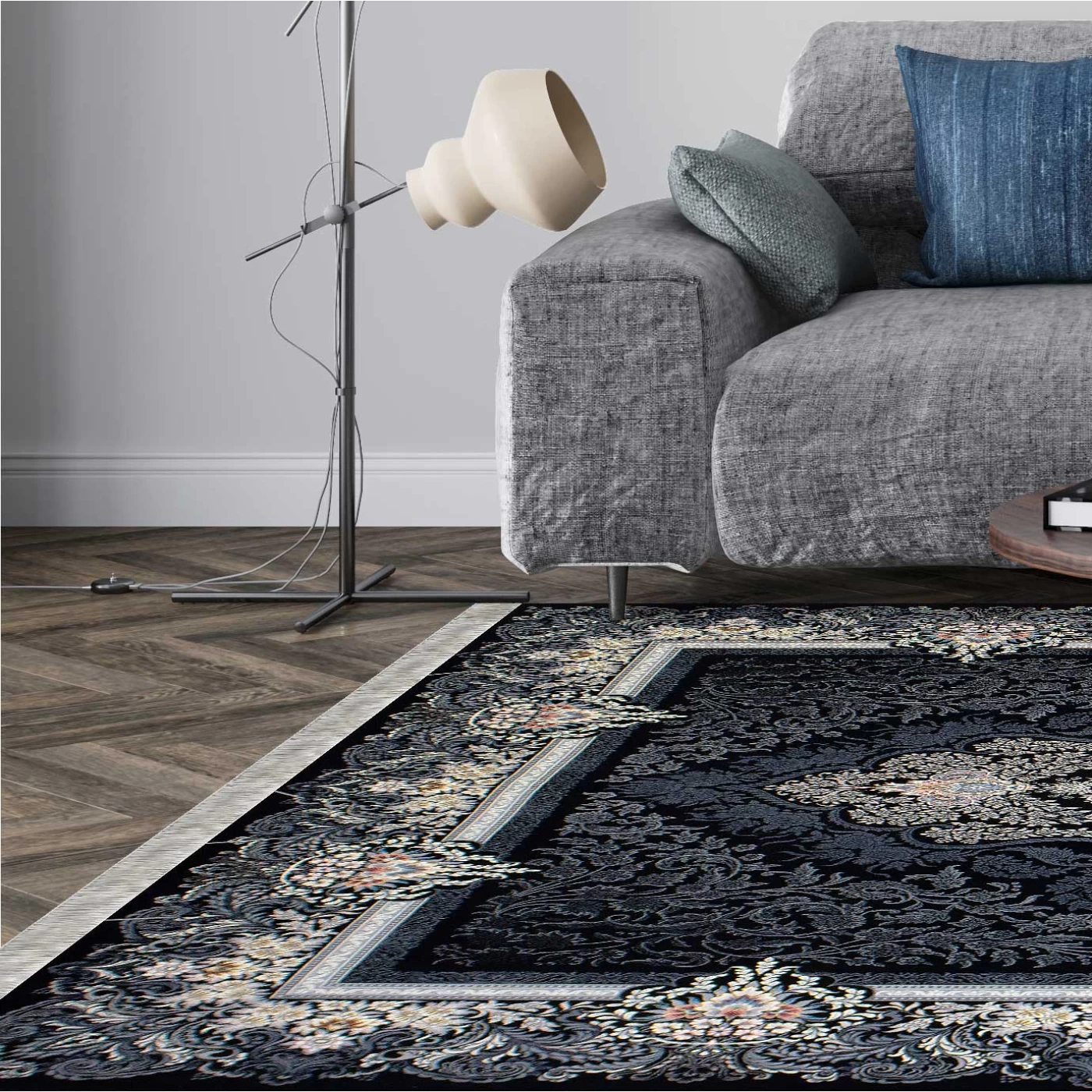 فرش ماشینی 700 شانه تراکم 2550 طرح دنیز سرمه ای