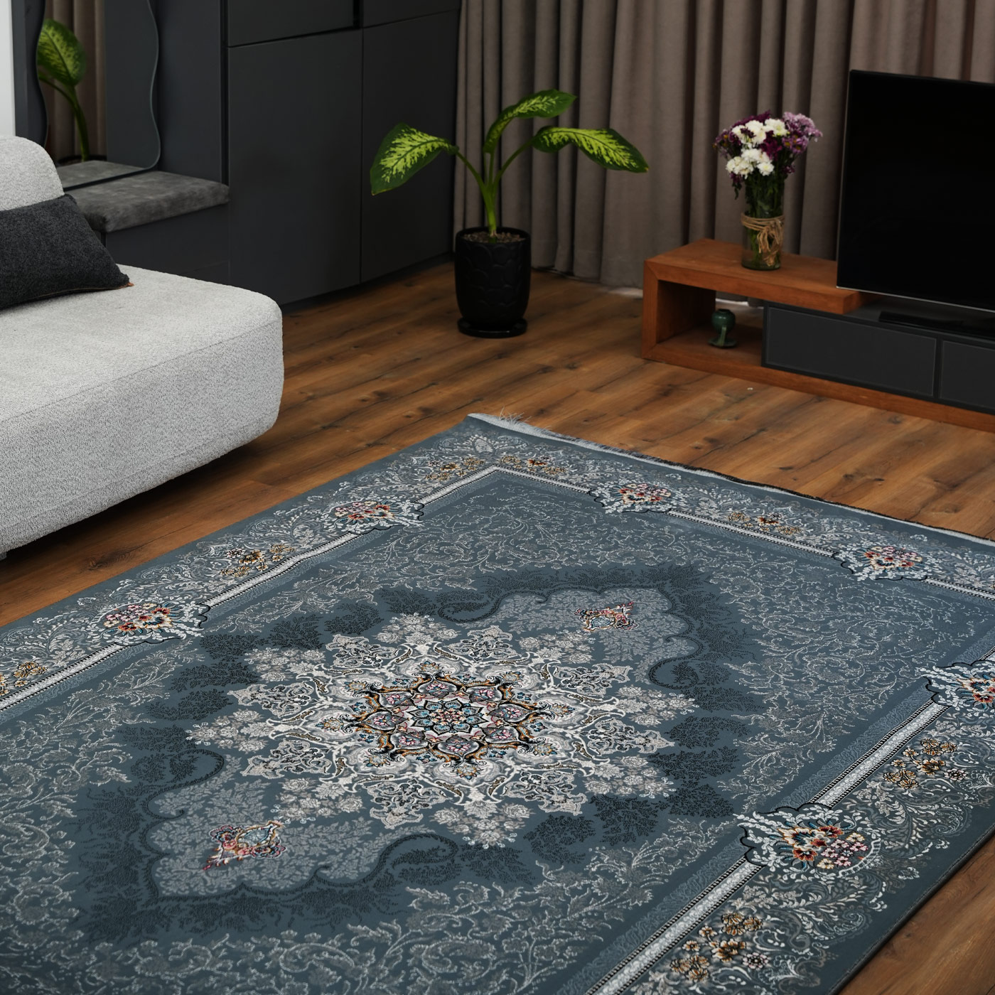 فرش ماشینی 700 شانه تراکم 2550 طرح دنیز دودی