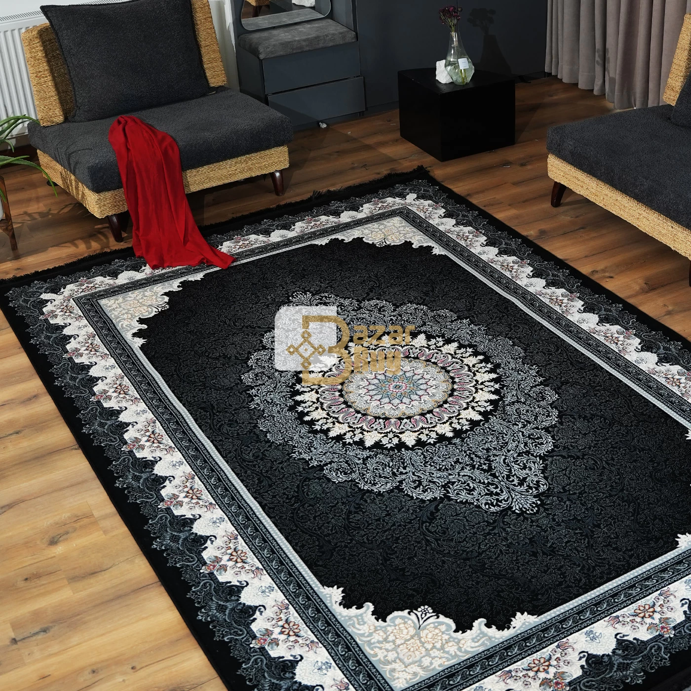 فرش ماشینی 700 شانه تراکم 2550 طرح دلاریس سرمه ای