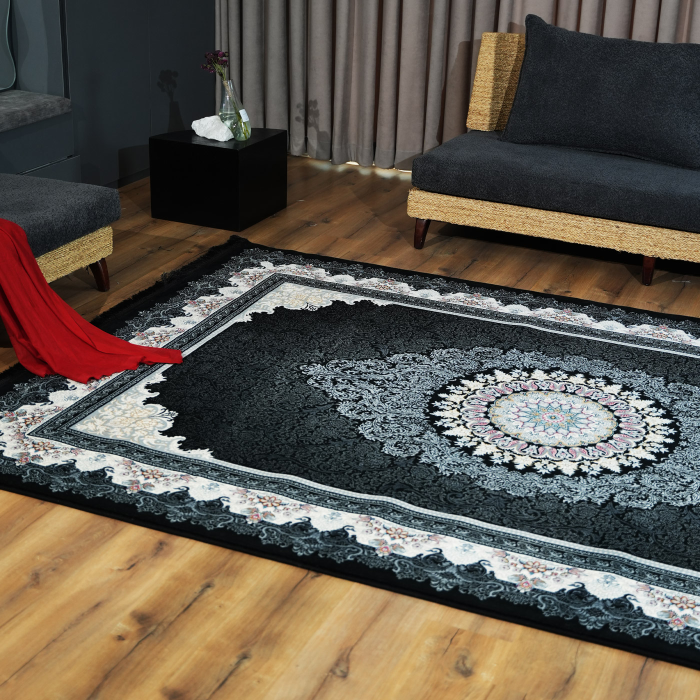 فرش ماشینی 700 شانه تراکم 2550 طرح دلاریس سرمه ای