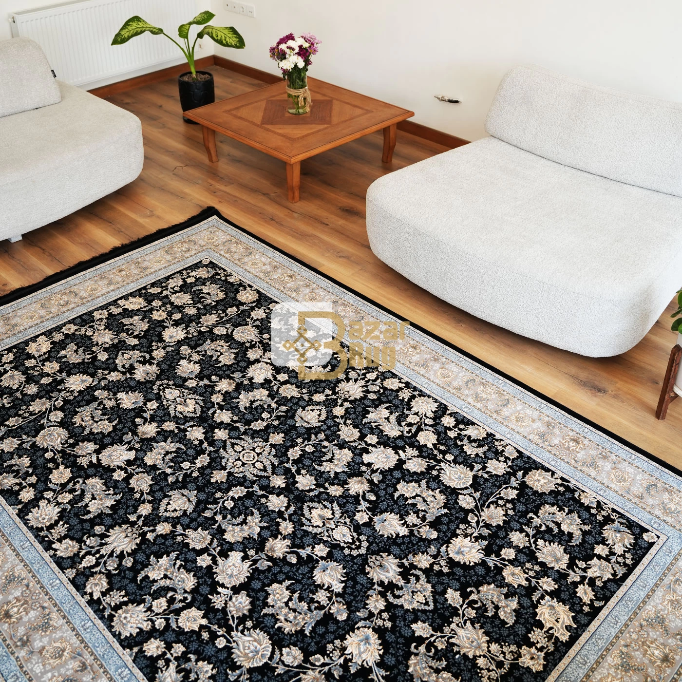 فرش ماشینی 700 شانه تراکم 2550 طرح فرنوش سرمه ای