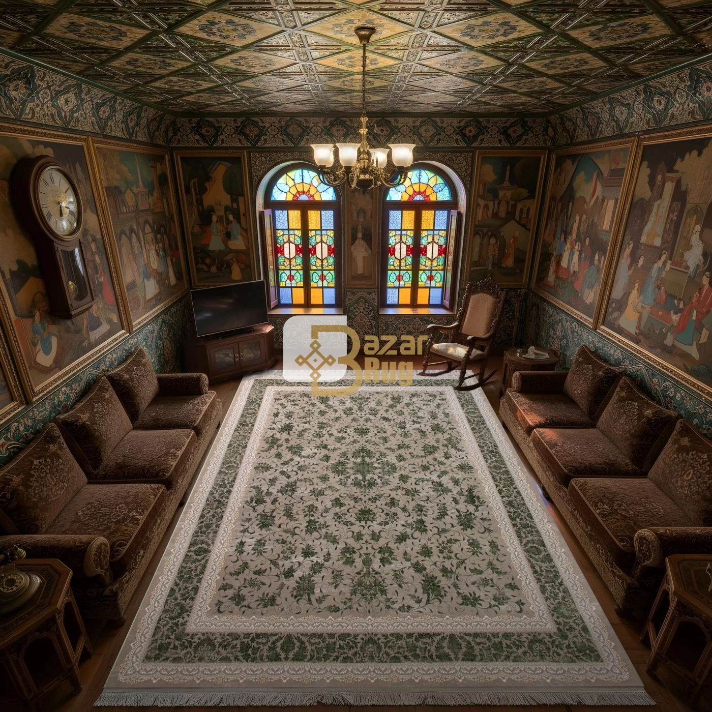 فرش ماشینی ۷۰۰ شانه تراکم ۲۵۵۰ طرح گارنت سبز ترمه ای