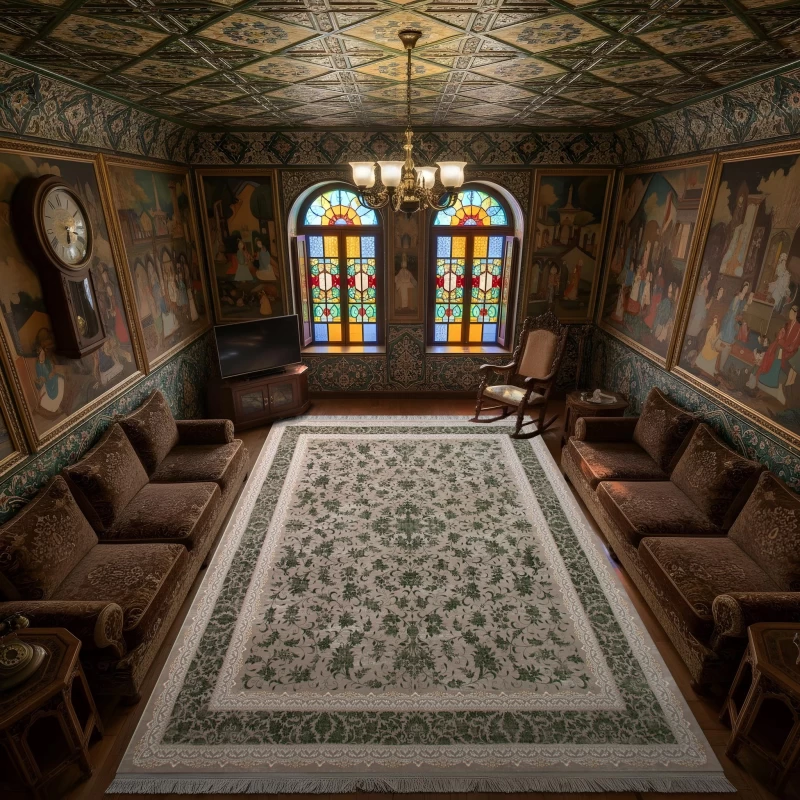 فرش ماشینی ۷۰۰ شانه تراکم ۲۵۵۰ طرح گارنت سبز ترمه ...