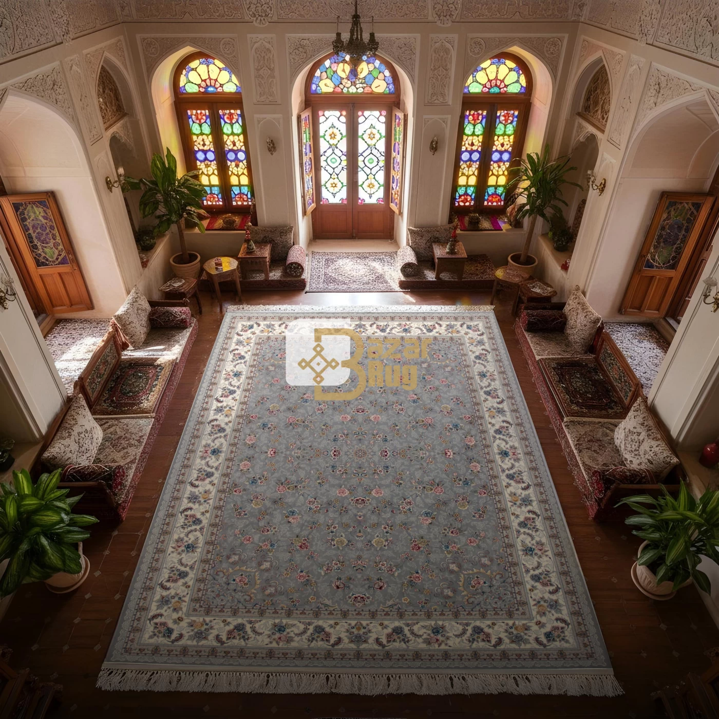 فرش ماشینی ۷۰۰ شانه تراکم ۲۵۵۰ طرح گیلدا نقره‌ای