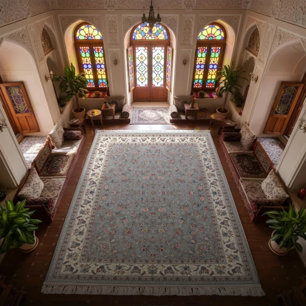 فرش ماشینی ۷۰۰ شانه تراکم ۲۵۵۰ طرح گیلدا نقره‌ ای