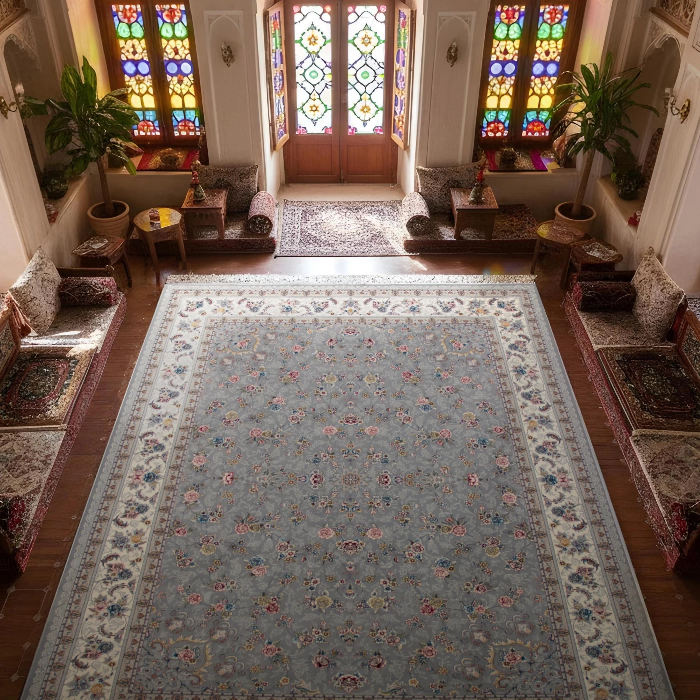 فرش ماشینی ۷۰۰ شانه تراکم ۲۵۵۰ طرح گیلدا نقره‌ای