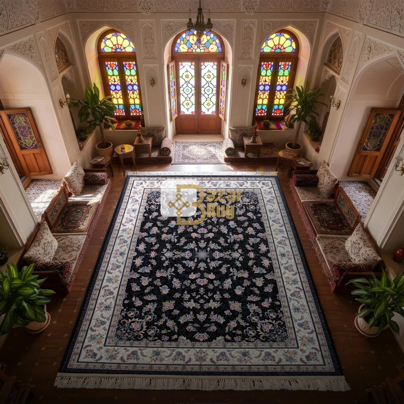 فرش ماشینی 700 شانه تراکم 2550 طرح گیلدا سرمه ای