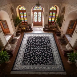 فرش ماشینی ۷۰۰ شانه تراکم ۲۵۵۰ طرح گیلدا سرمه‌ ای