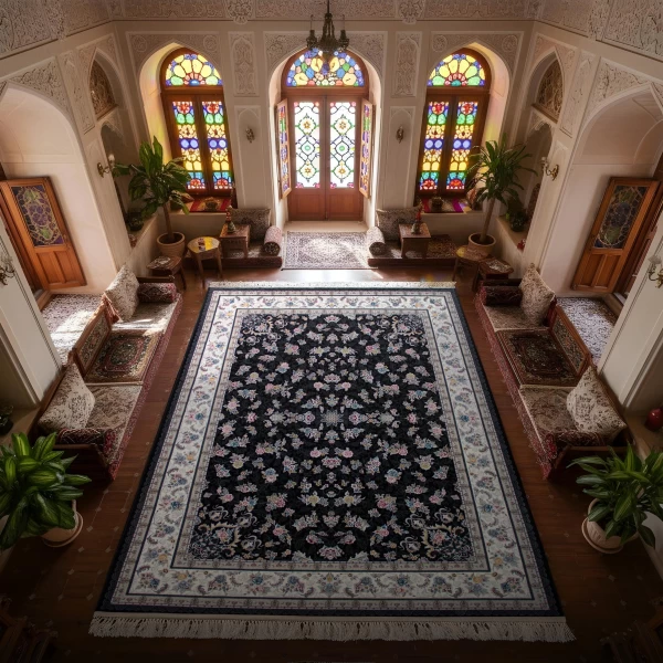 فرش ماشینی ۷۰۰ شانه تراکم ۲۵۵۰ طرح گیلدا سرمه‌ ای