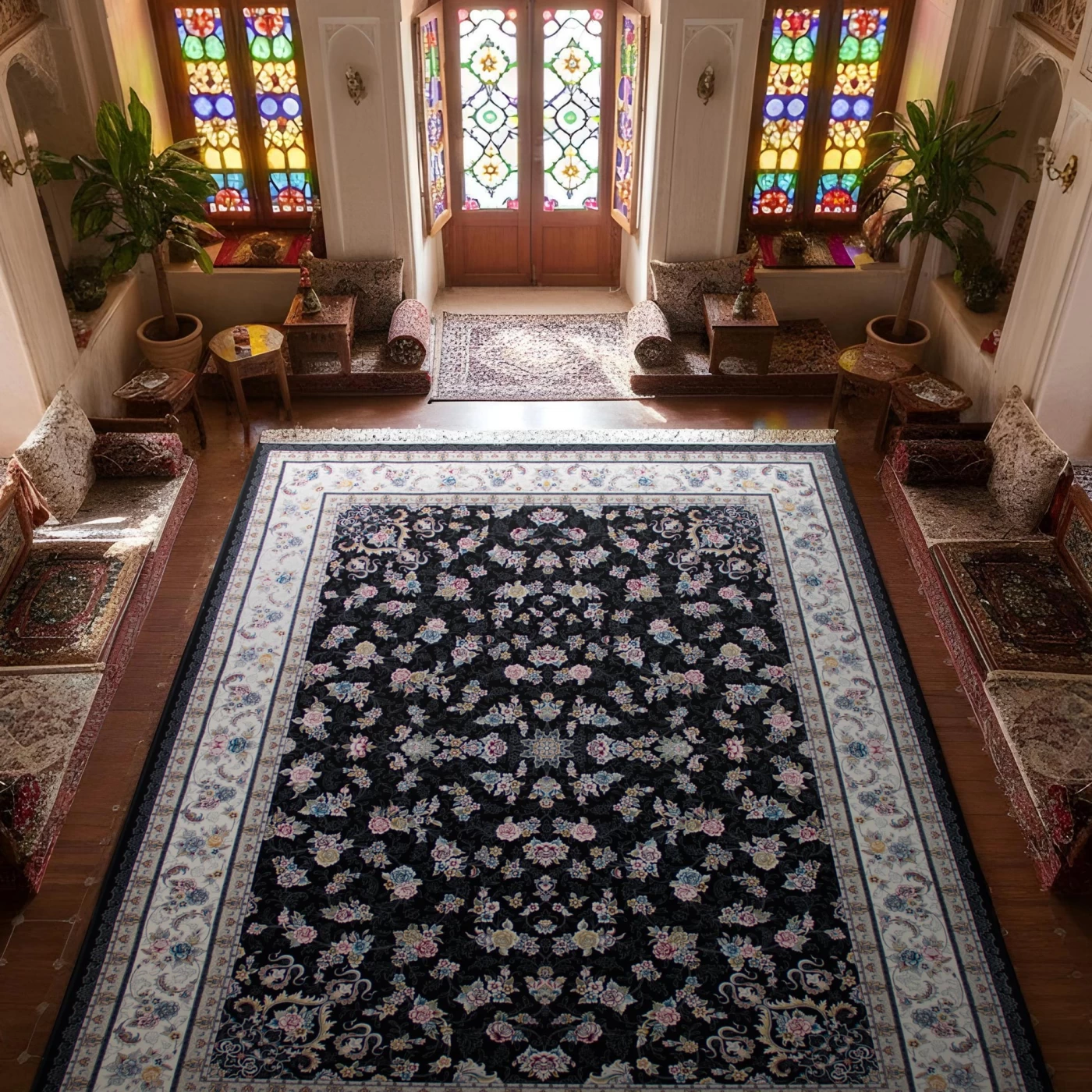 فرش ماشینی 700 شانه تراکم 2550 طرح گیلدا سرمه ای