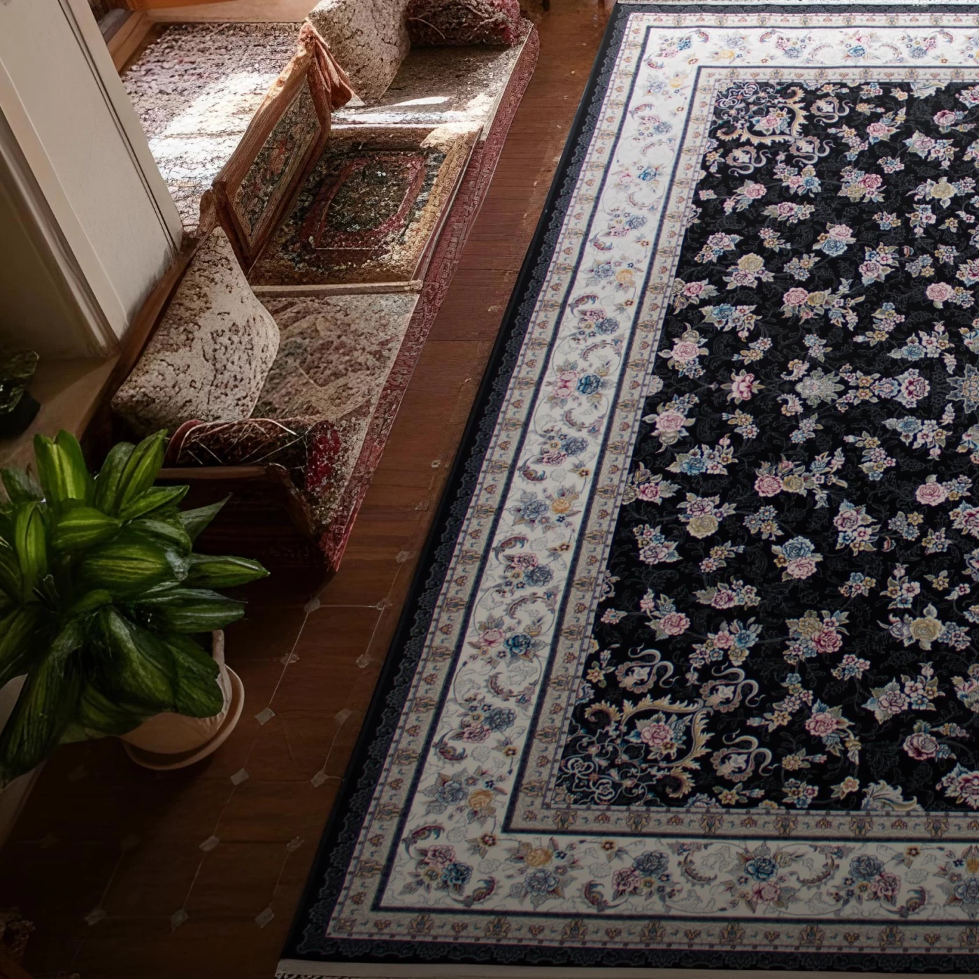 فرش ماشینی 700 شانه تراکم 2550 طرح گیلدا سرمه ای