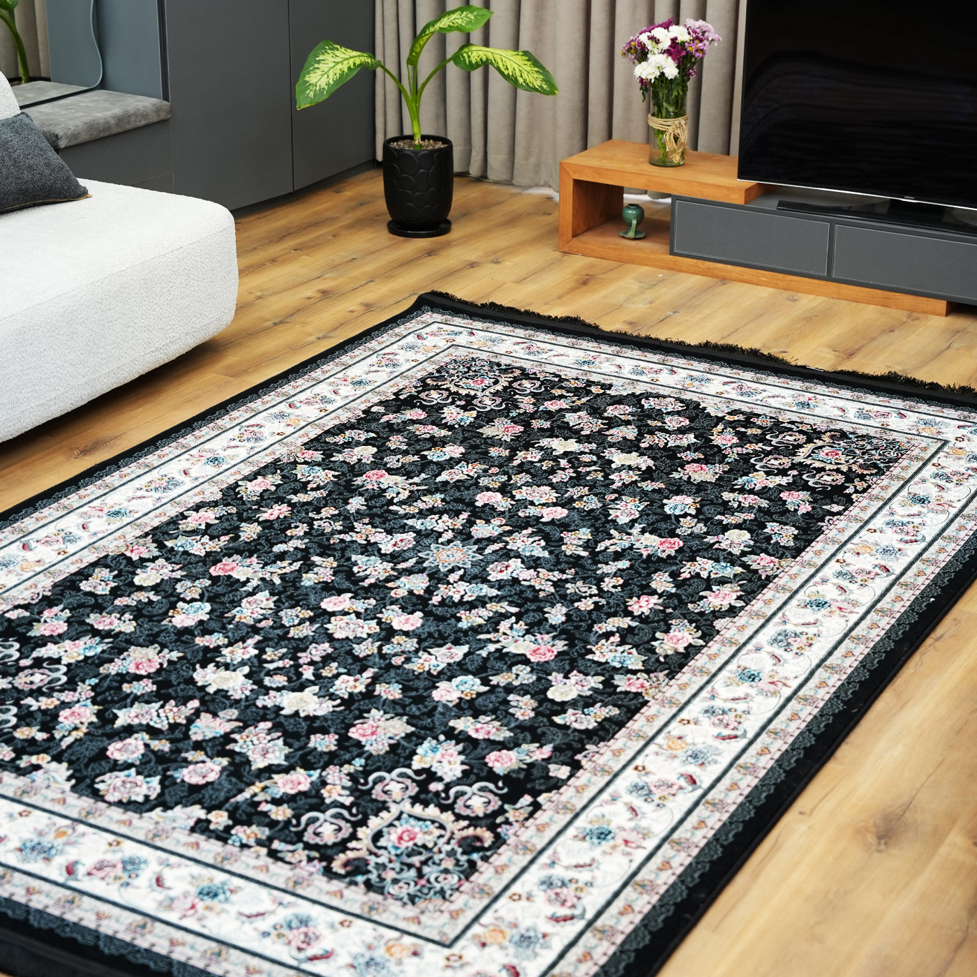 فرش ماشینی 700 شانه تراکم 2550 طرح گیلدا سرمه ای