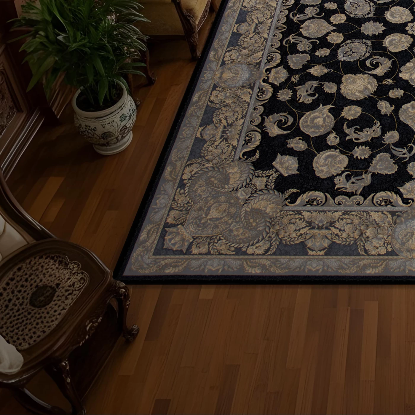 فرش ماشینی 700 شانه تراکم 2550 طرح همتا سرمه ای