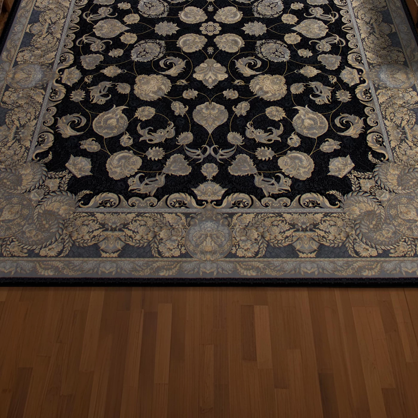 فرش ماشینی 700 شانه تراکم 2550 طرح همتا سرمه ای