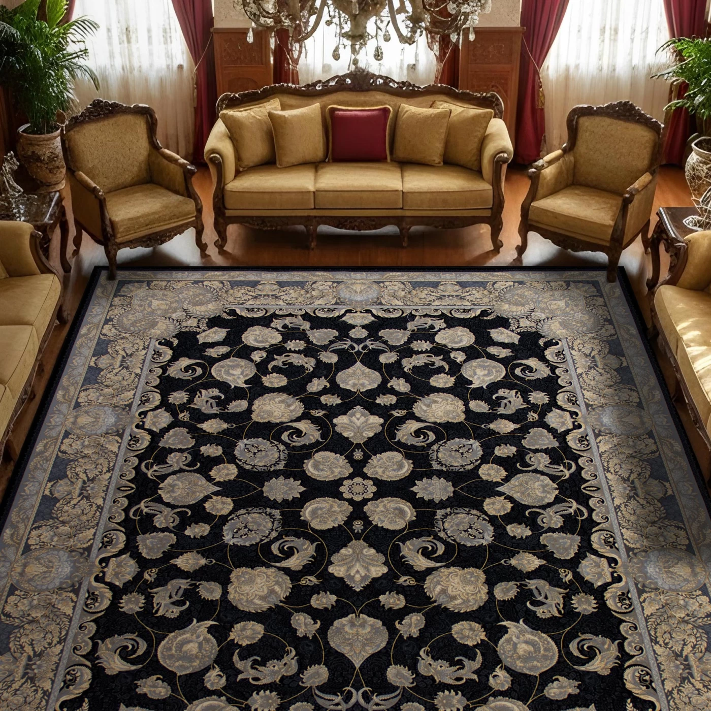 فرش ماشینی 700 شانه تراکم 2550 طرح همتا سرمه ای