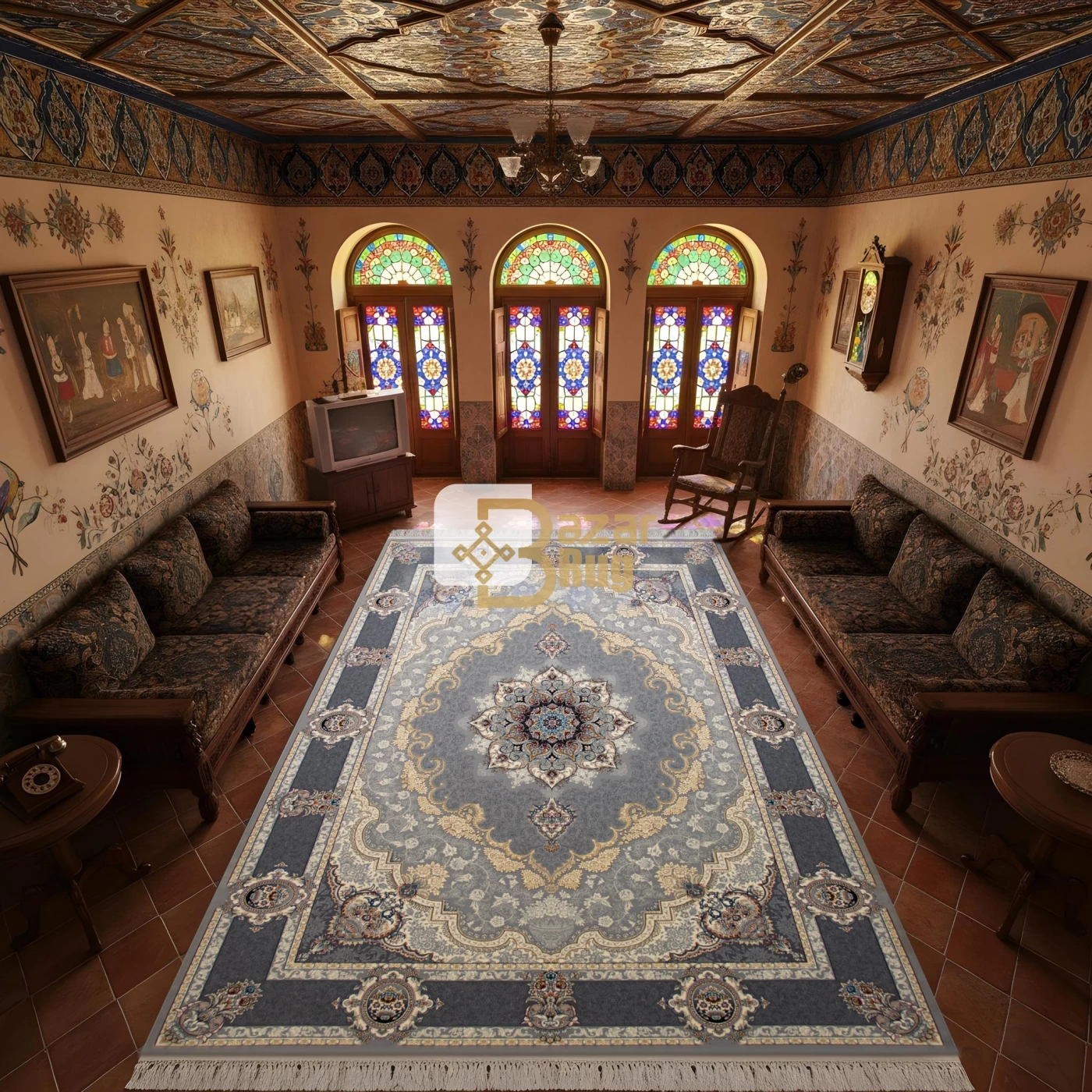 فرش ماشینی 700 شانه تراکم 2550 طرح کرشمه نقره ای