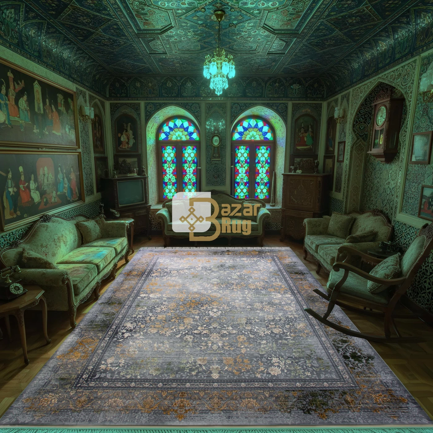 فرش ماشینی ۷۰۰ شانه تراکم ۲۵۵۰ طرح مارینا آبی دودی