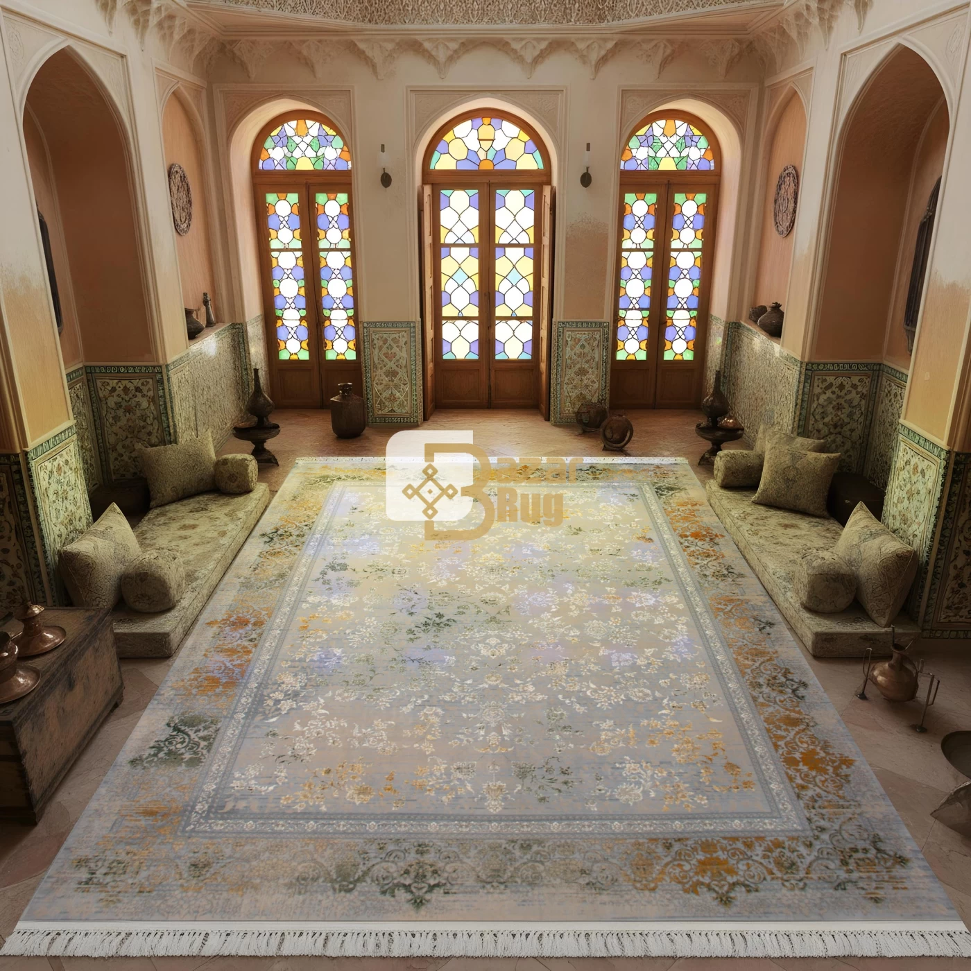 فرش ماشینی ۷۰۰ شانه تراکم ۲۵۵۰ طرح مارینا سبز ترمه‌ای