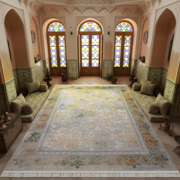 فرش ماشینی ۷۰۰ شانه تراکم ۲۵۵۰ طرح مارینا سبز ترمه‌ ای