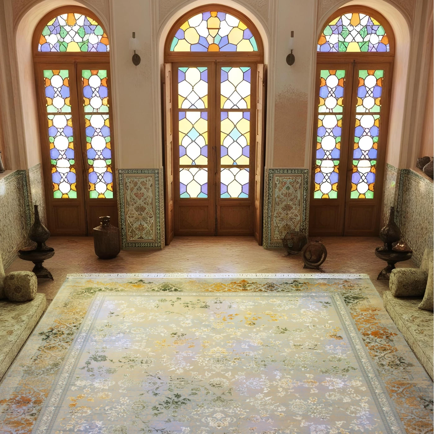 فرش ماشینی ۷۰۰ شانه تراکم ۲۵۵۰ طرح مارینا سبز ترمه‌ای