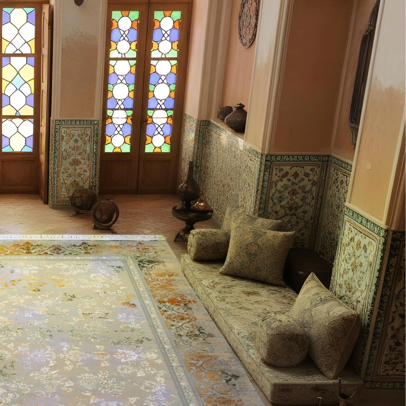 فرش ماشینی ۷۰۰ شانه تراکم ۲۵۵۰ طرح مارینا سبز ترمه‌ای