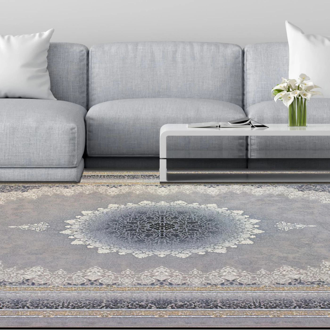 فرش ماشینی 700 شانه تراکم 2550 طرح مهر نقره ای