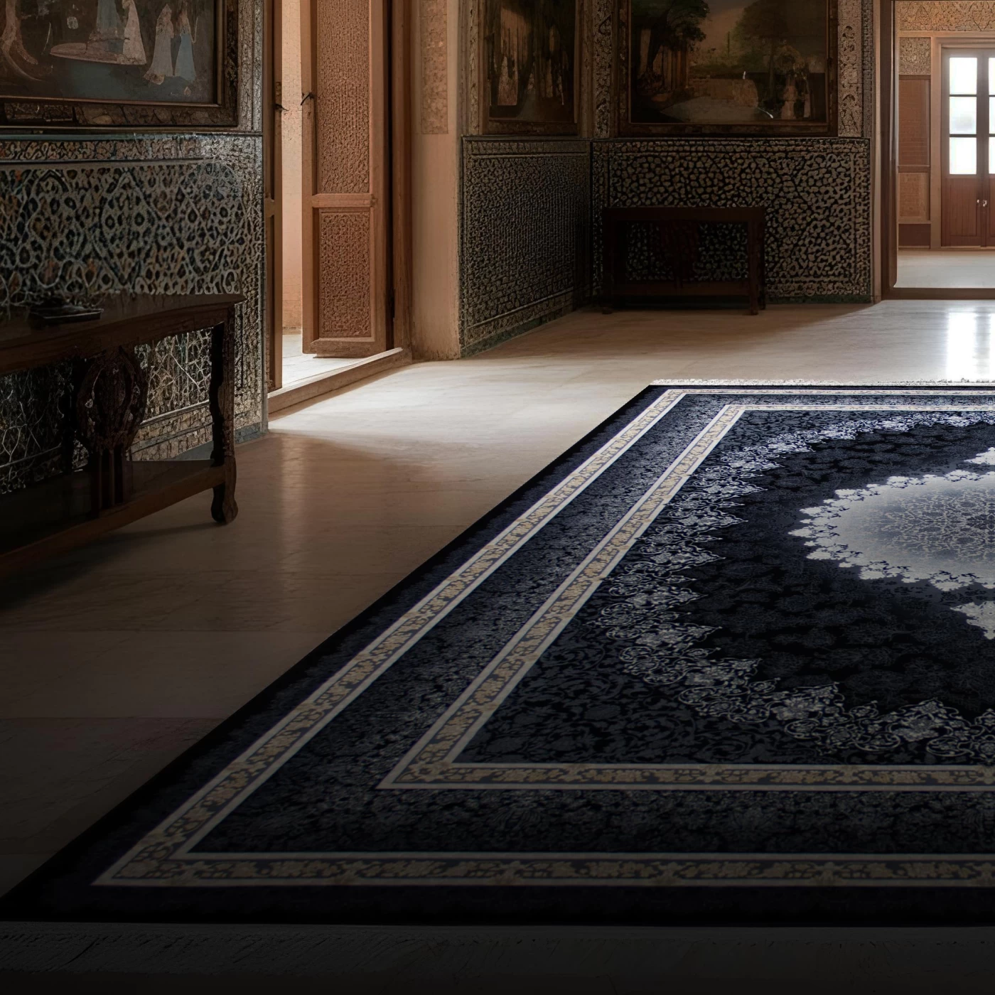 فرش ماشینی ۷۰۰ شانه تراکم ۲۵۵۰ طرح مهر سرمه ای