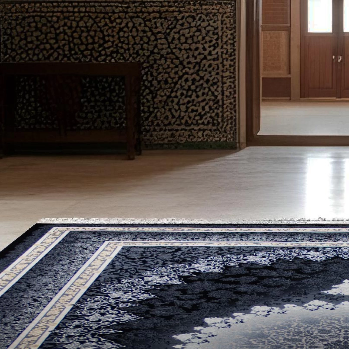 فرش ماشینی ۷۰۰ شانه تراکم ۲۵۵۰ طرح مهر سرمه ای