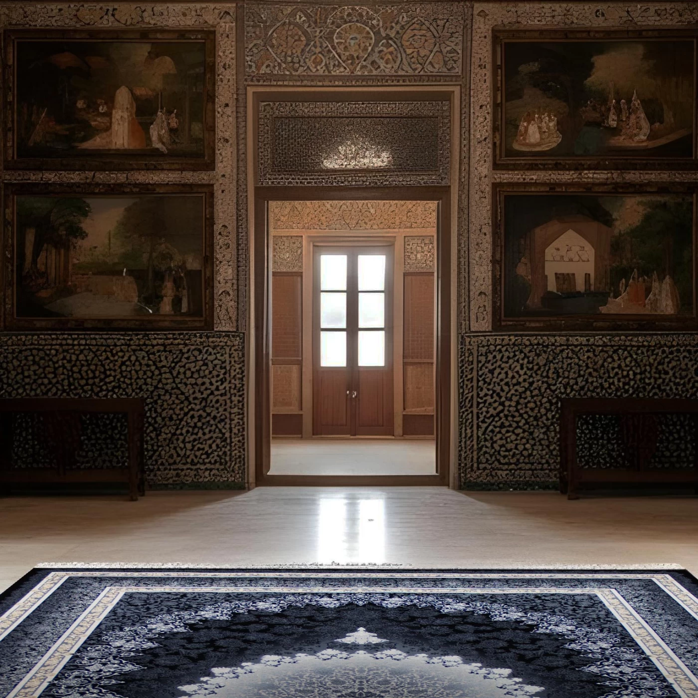 فرش ماشینی ۷۰۰ شانه تراکم ۲۵۵۰ طرح مهر سرمه ای