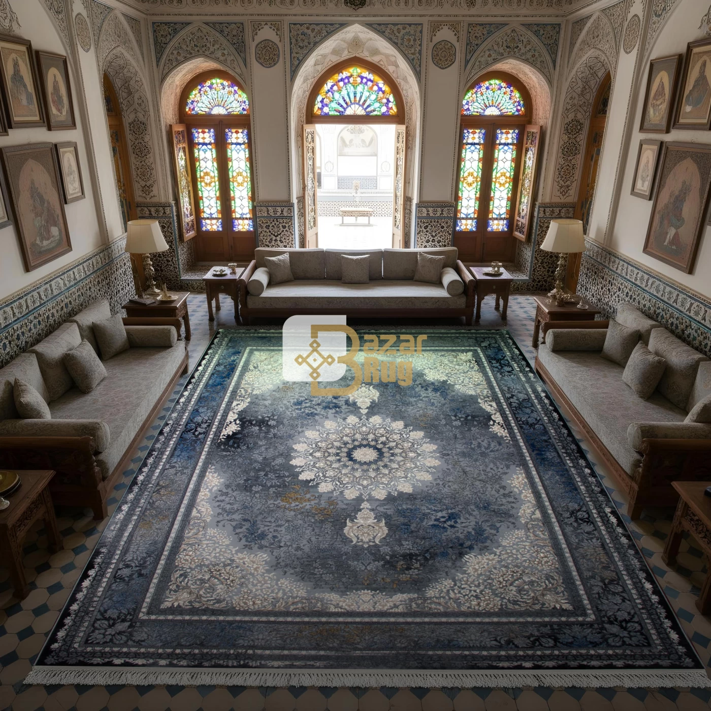 فرش ماشینی ۷۰۰ شانه تراکم ۲۵۵۰ طرح میراژ آبی دودی