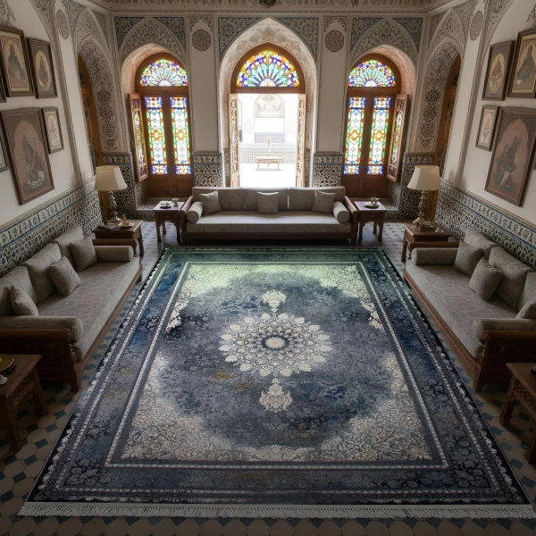 فرش ماشینی ۷۰۰ شانه تراکم ۲۵۵۰ طرح میراژ آبی دودی