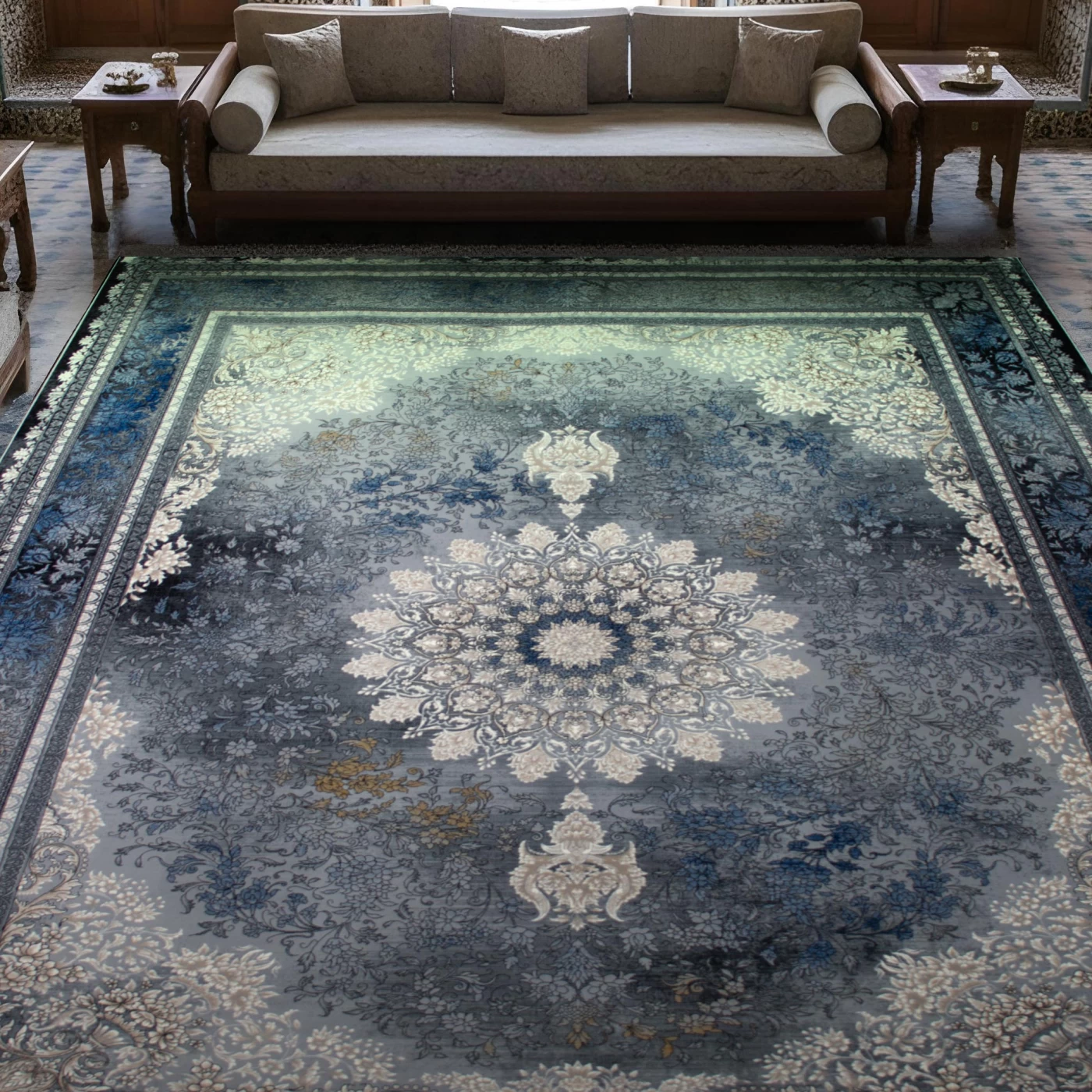 فرش ماشینی ۷۰۰ شانه تراکم ۲۵۵۰ طرح میراژ آبی دودی