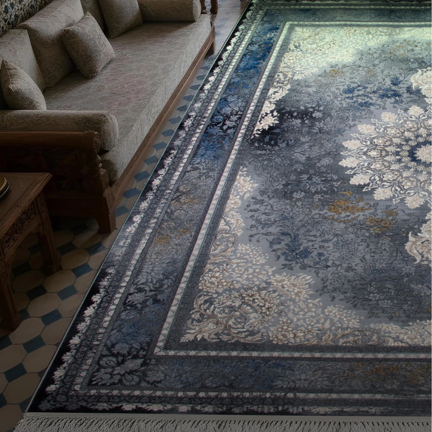 فرش ماشینی ۷۰۰ شانه تراکم ۲۵۵۰ طرح میراژ آبی دودی