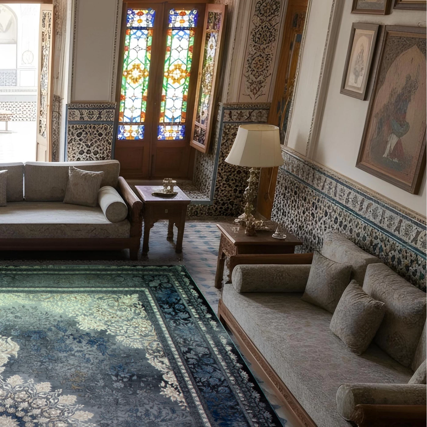 فرش ماشینی ۷۰۰ شانه تراکم ۲۵۵۰ طرح میراژ آبی دودی