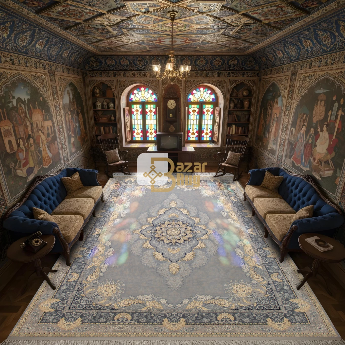 فرش ماشینی 700 شانه تراکم 2550 طرح نارنج نقره ای