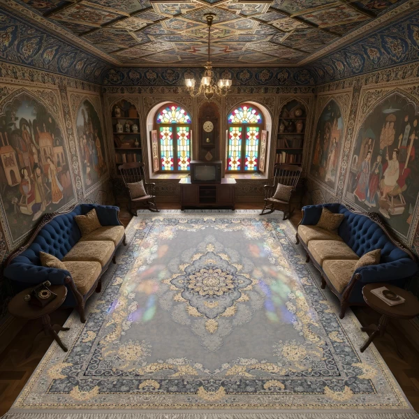 فرش ماشینی 700 شانه تراکم 2550 طرح نارنج نقره ای