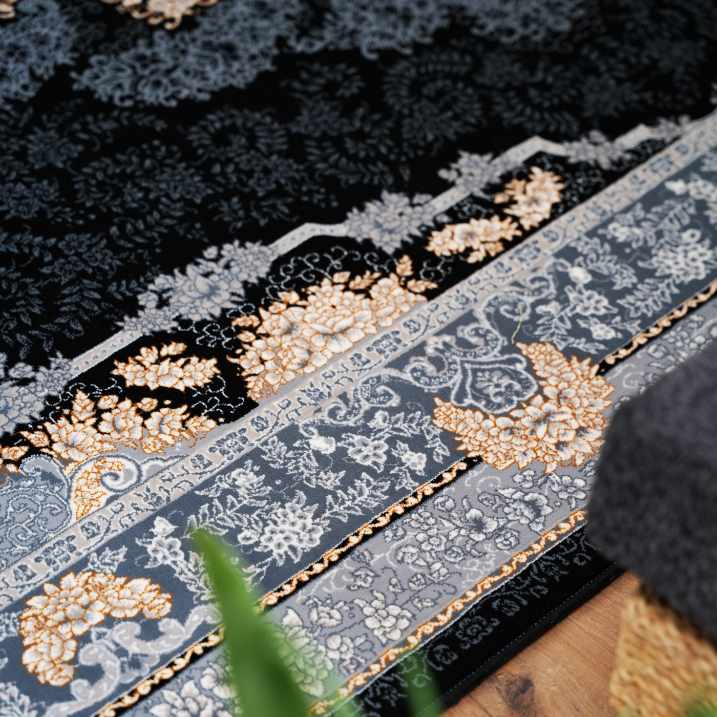 فرش ماشینی 700 شانه تراکم 2550 طرح نارنج سرمه ای