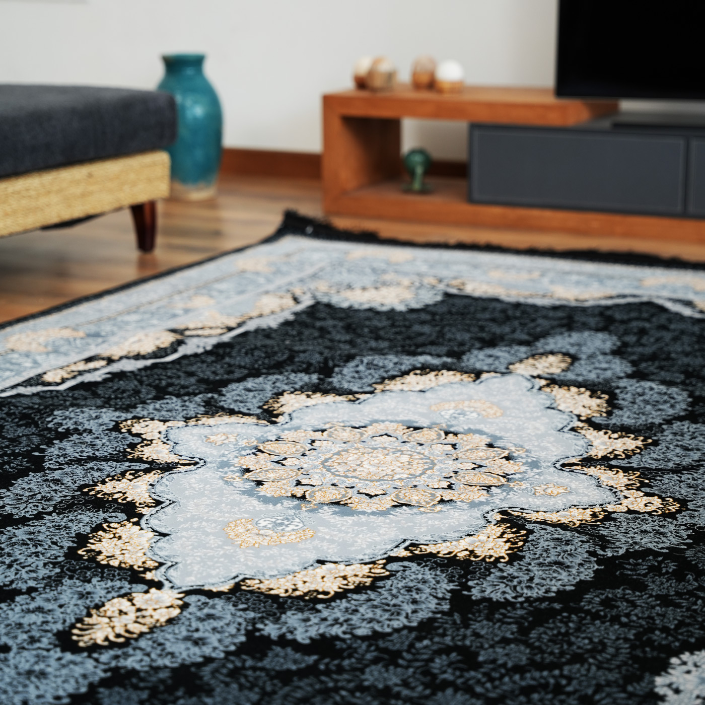 فرش ماشینی 700 شانه تراکم 2550 طرح نارنج سرمه ای