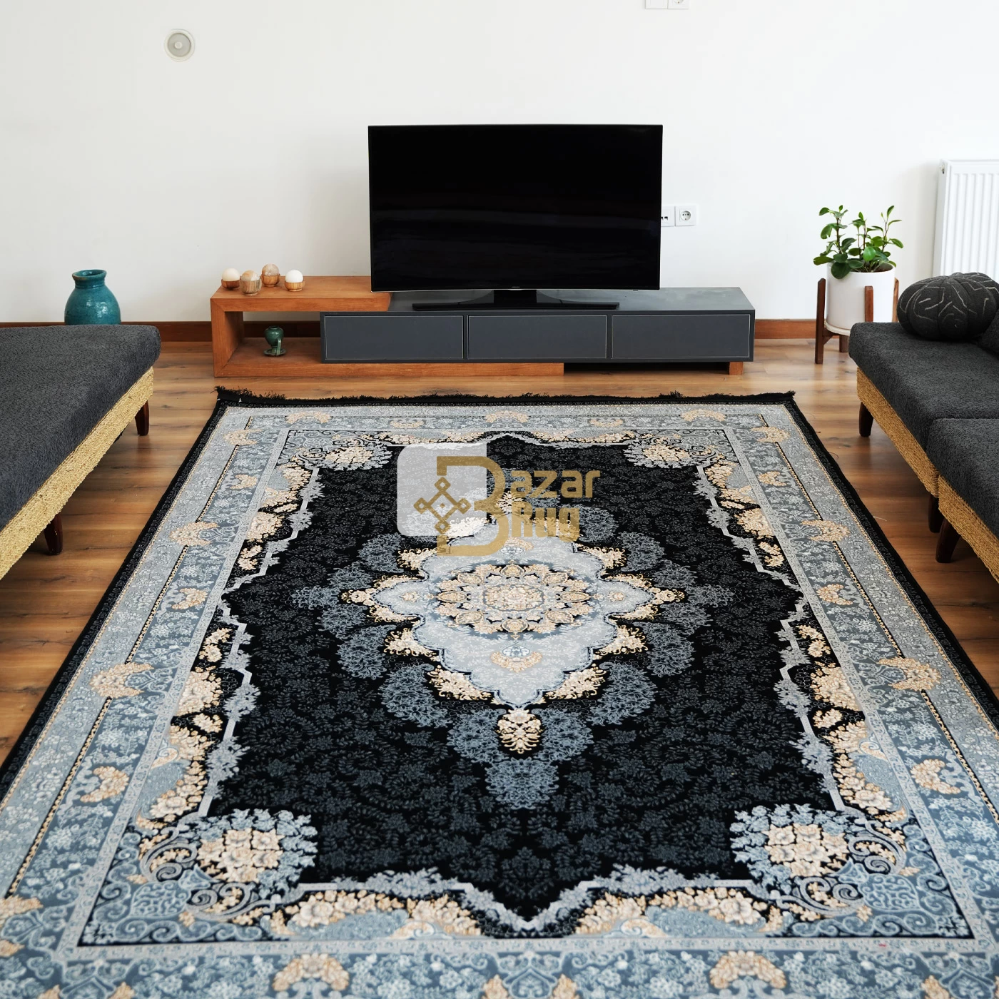 فرش ماشینی 700 شانه تراکم 2550 طرح نارنج سرمه ای