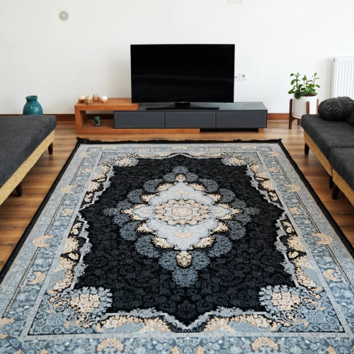 فرش ماشینی 700 شانه تراکم 2550 طرح نارنج سرمه ای