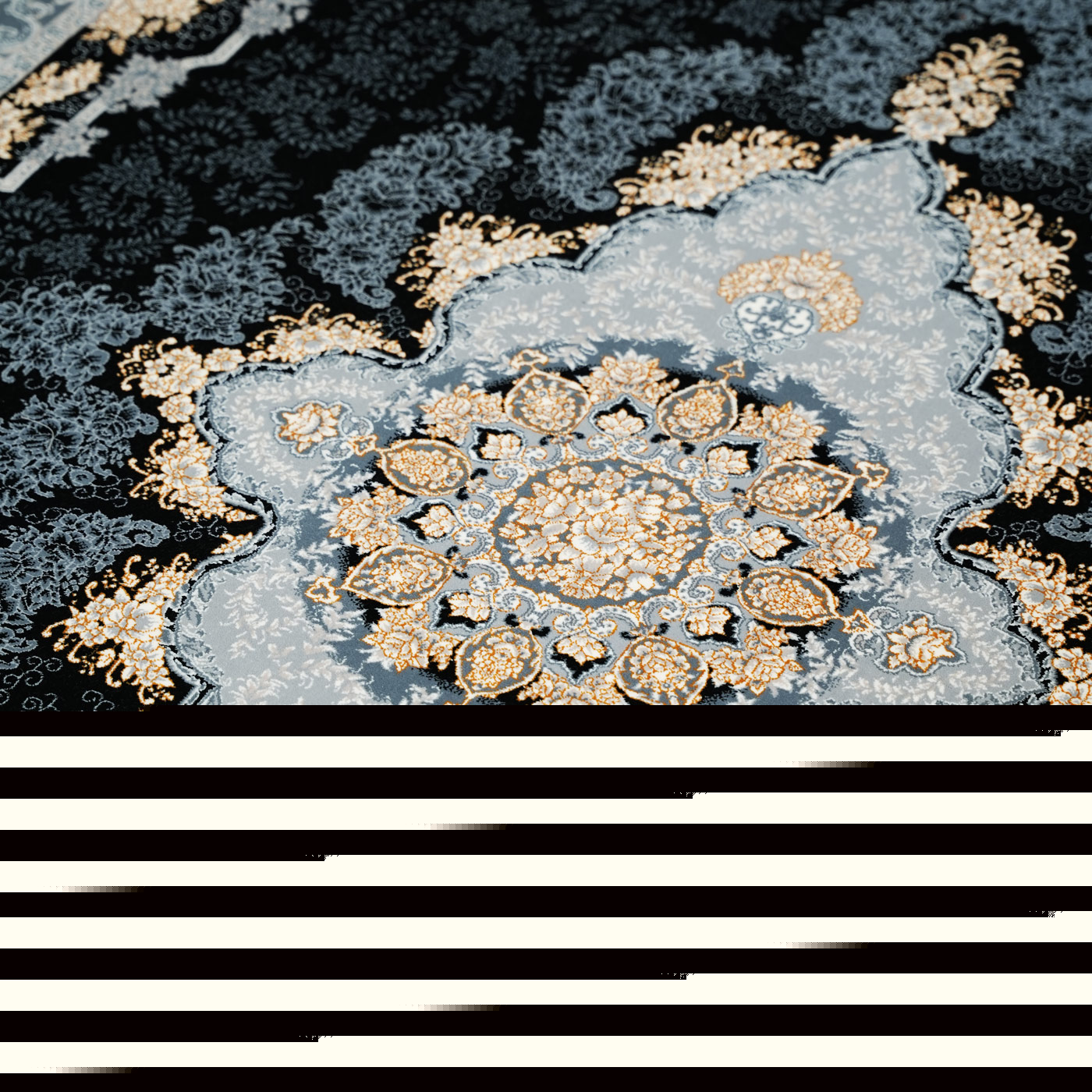 فرش ماشینی 700 شانه تراکم 2550 طرح نارنج سرمه ای