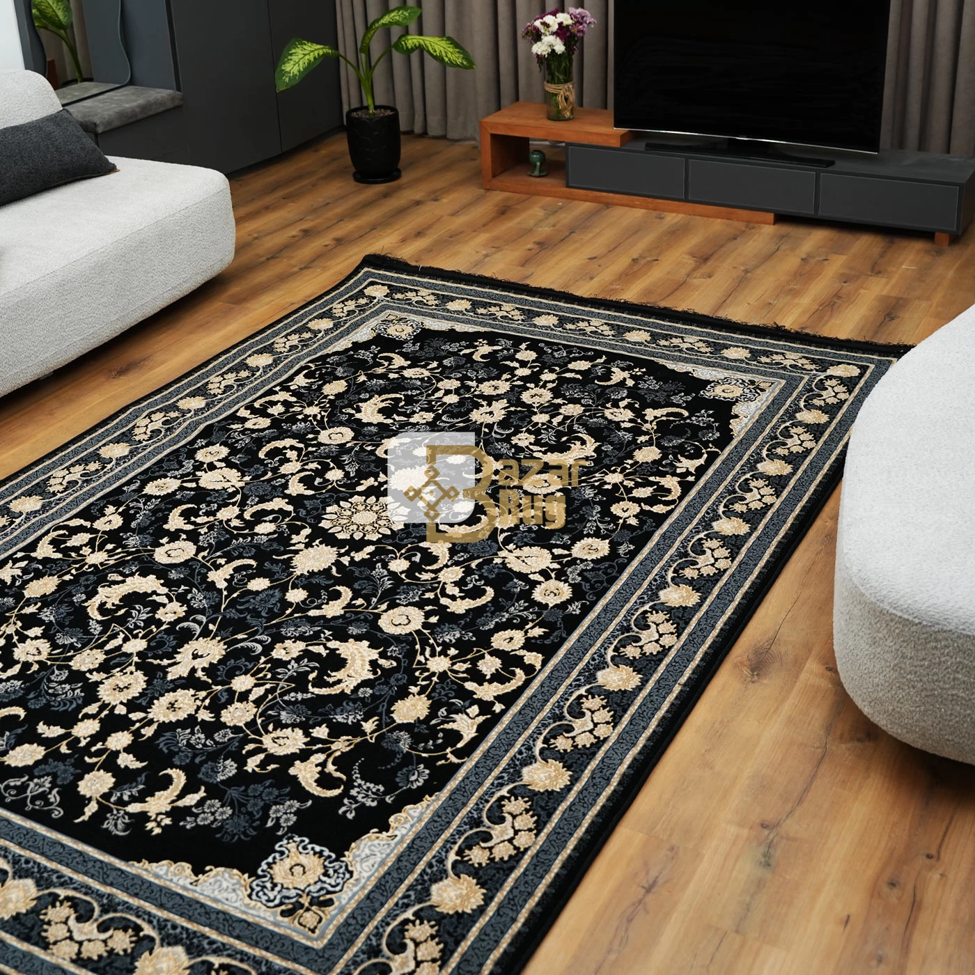 فرش ماشینی ۷۰۰ شانه تراکم ۲۵۵۰ طرح نیلی سرمه‌ ای