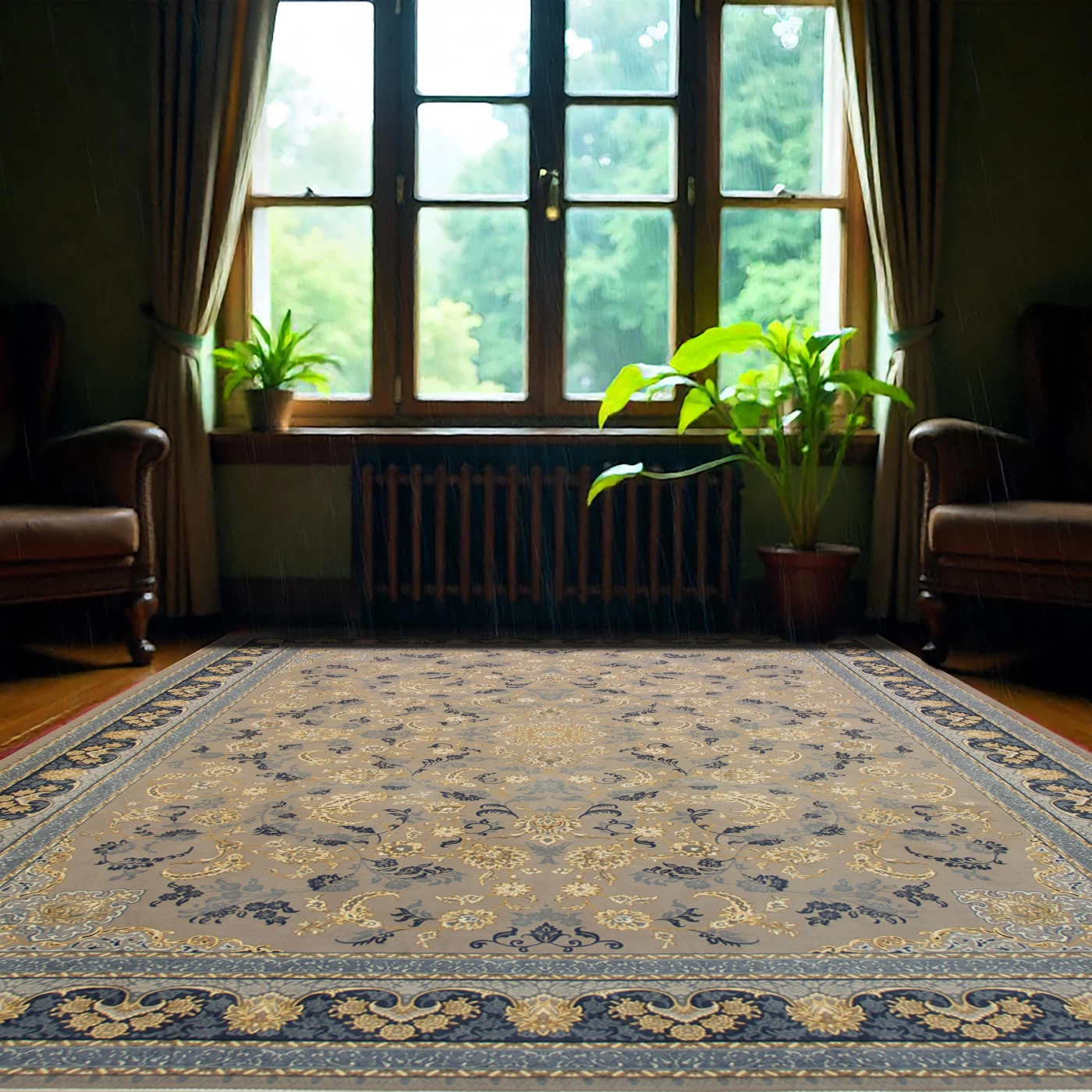 فرش ماشینی ۷۰۰ شانه تراکم ۲۵۵۰ طرح نیلی ترمه ای