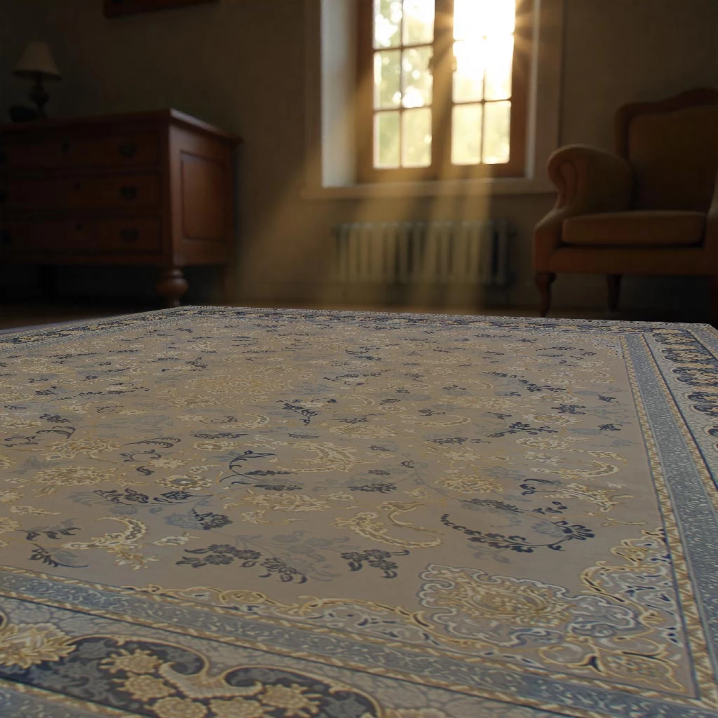 فرش ماشینی ۷۰۰ شانه تراکم ۲۵۵۰ طرح نیلی ترمه ای