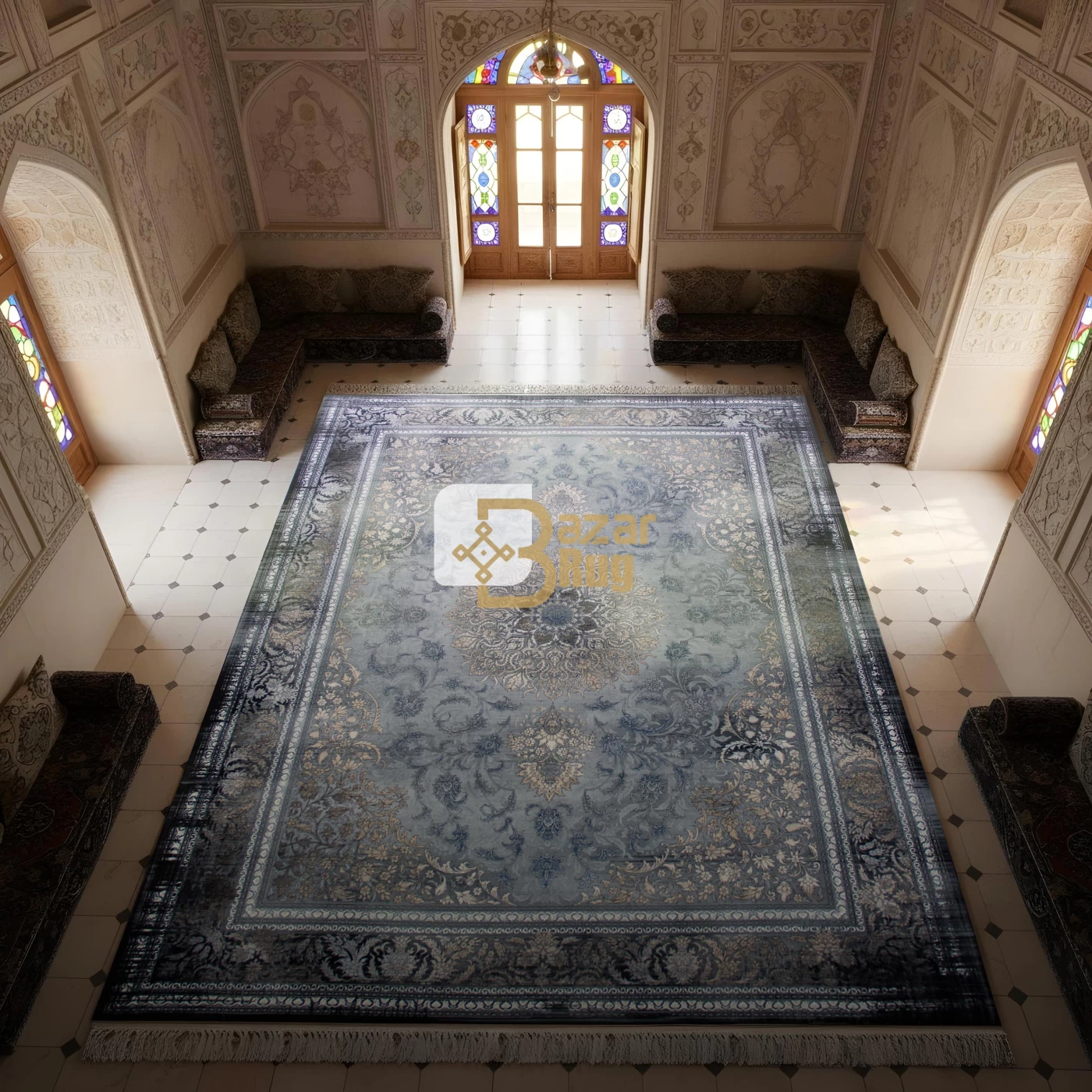 فرش ماشینی ۷۰۰ شانه تراکم ۲۵۵۰ طرح پالاس آبی