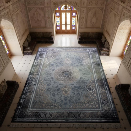 فرش ماشینی ۷۰۰ شانه تراکم ۲۵۵۰ طرح پالاس آبی سرمه ای