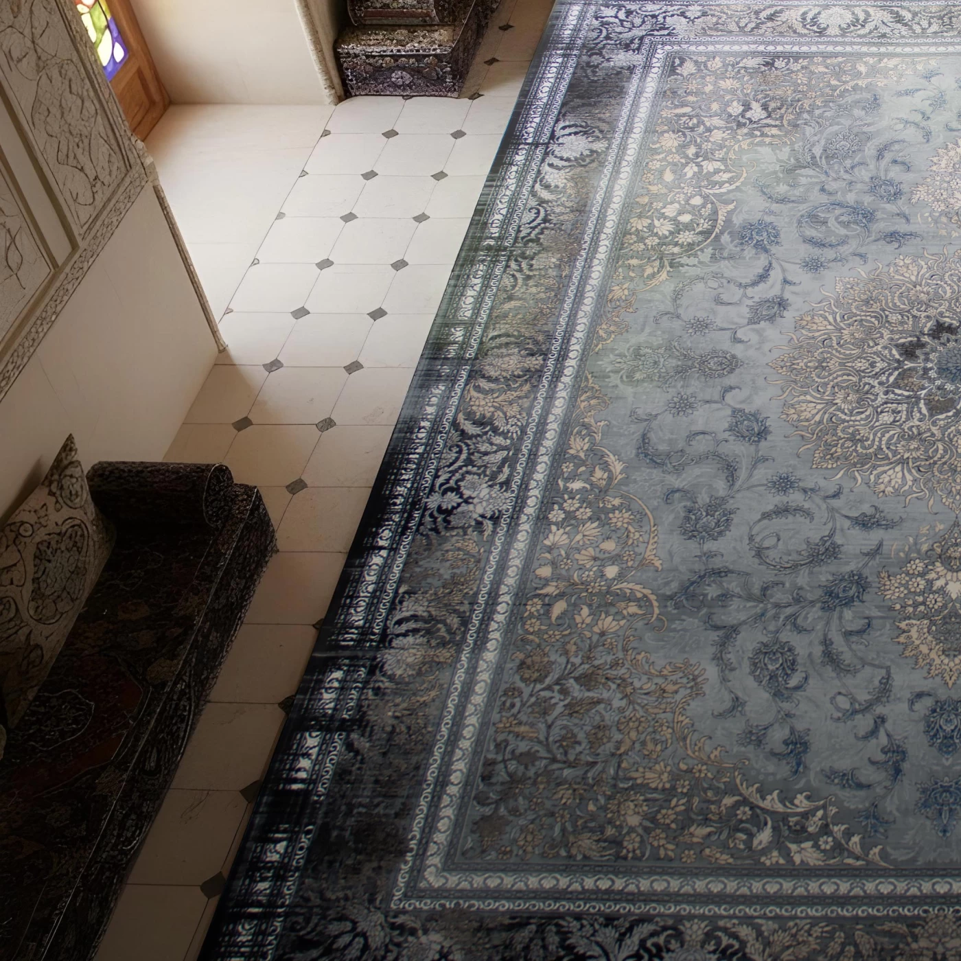 فرش ماشینی ۷۰۰ شانه تراکم ۲۵۵۰ طرح پالاس آبی