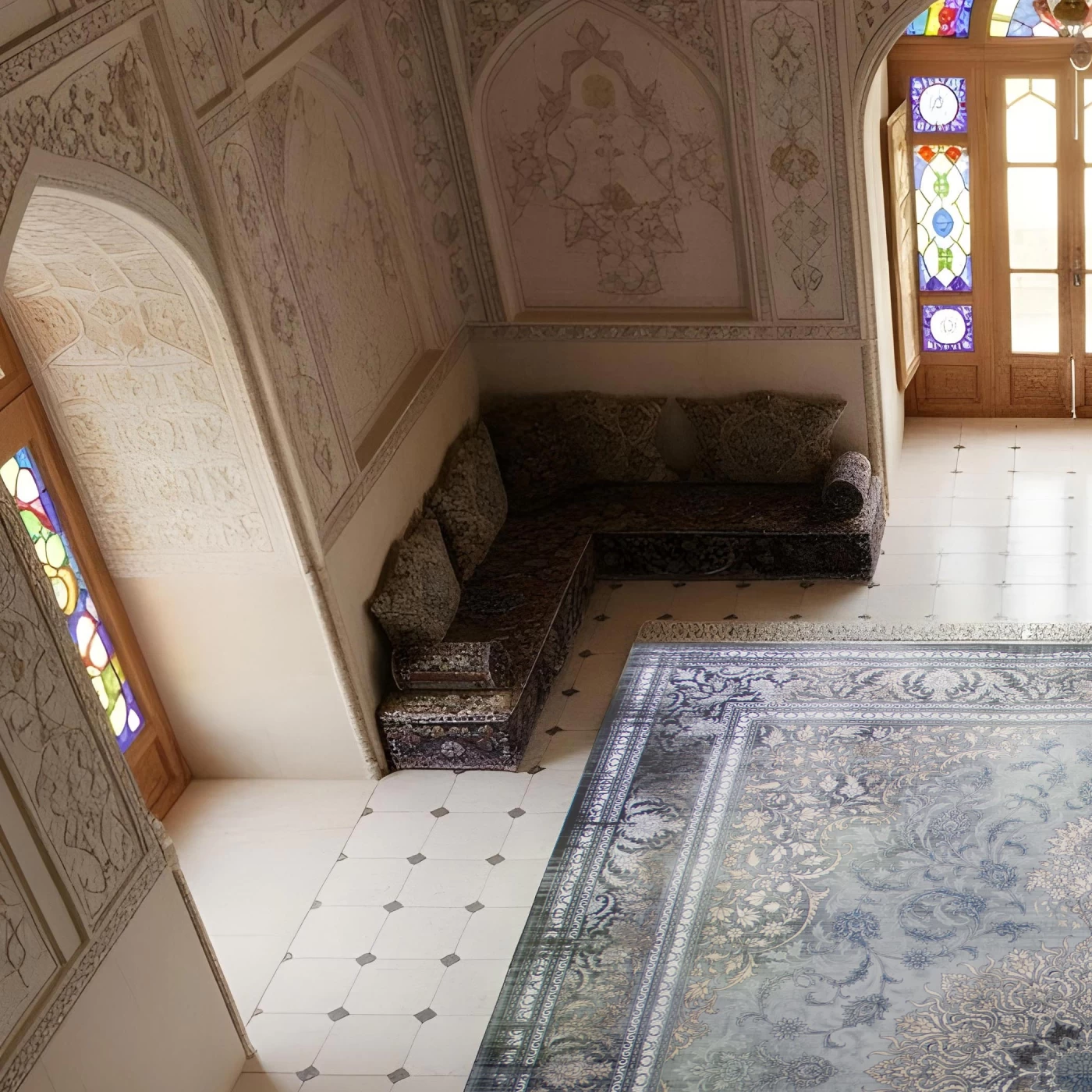 فرش ماشینی ۷۰۰ شانه تراکم ۲۵۵۰ طرح پالاس آبی